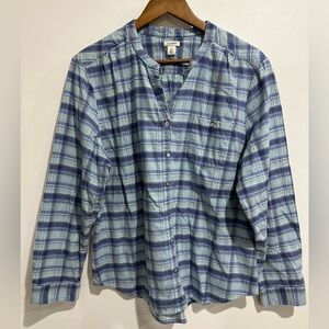 L.L. BEAN Blue Plaid 100% Cotton Button Down Peasant Popover Top‎ Size XL